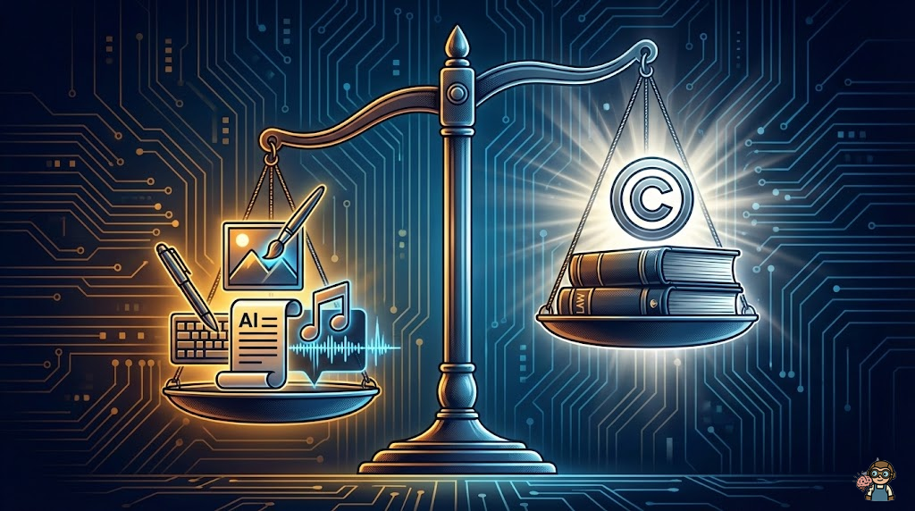 AI副業と著作権リスクのイメージイラスト。中央に法律の天秤（バランススケール）があり、左側にAI生成コンテンツ（画像、テキスト、音楽のアイコン）、右側に著作権マーク（©）と法律の書物。背景にデジタルな回路パターン。全体的に警告感を出しつつも、知識で守れるという希望を表現。 ### スタイル指定 - テイスト: Modern legal tech aesthetic - 品質: high-quality digital illustration - カラー: deep blue and amber warning tones with white highlights - トーン: professional, informative, slightly cautionary - サイズ: 1600x900px - テキスト: no text