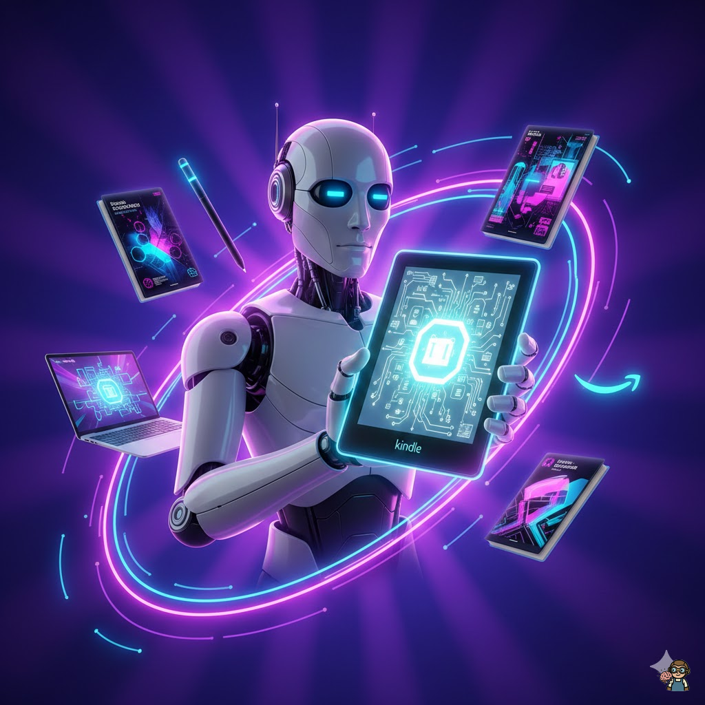 AIロボットが電子書籍（Kindle端末）を手に持ち、その周囲にペン、ノートパソコン、本の表紙デザイン、Amazonロゴが浮かんでいるイメージ。中央に光り輝く電子書籍。背景はネオンの紫と青のグラデーション。 ### スタイル指定 - テイスト: Modern tech aesthetic, futuristic - 品質: high-quality digital art - カラー: vibrant purple and blue gradients with neon accents - トーン: professional, energetic, and innovative - サイズ: 1600x900px - テキスト: no text