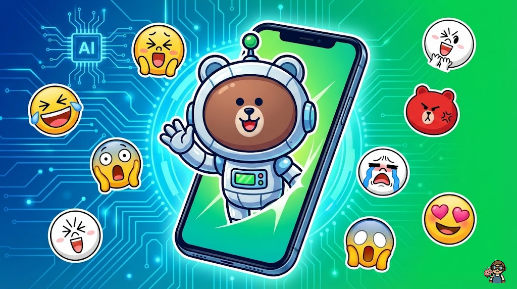 AIとLINEスタンプの融合を表すアイキャッチ画像。中央にかわいいキャラクタースタンプがスマートフォンの画面から飛び出している様子。背景にAIの回路パターンとLINEの緑色のグラデーション。複数の表情豊かなスタンプキャラクターが浮遊している。 ### スタイル指定 - テイスト: ポップでカラフルなデジタルアート - 品質: high-quality digital illustration - カラー: LINEグリーン(#06C755)とAIブルーのグラデーション - トーン: 明るく楽しい、副業への期待感 - サイズ: 1600x900px - テキスト: no text