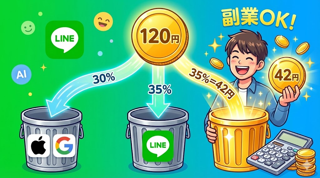 LINEスタンプの収益計算と売上分配のイメージ