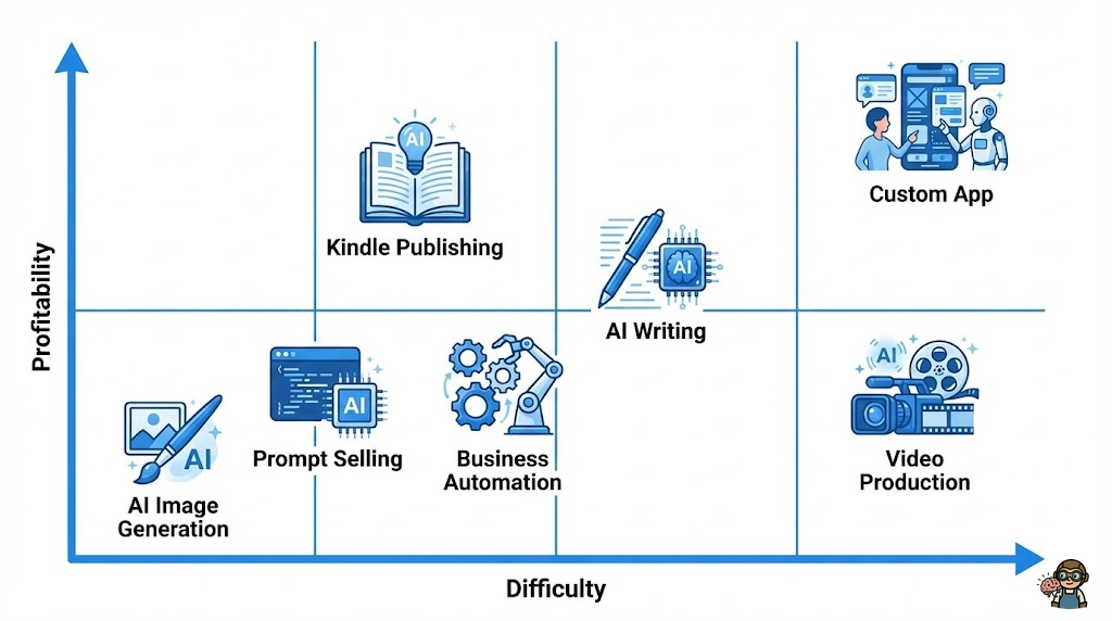 AI副業7選のマトリクス図解：横軸に難易度、縦軸に収益性を配置した分布図