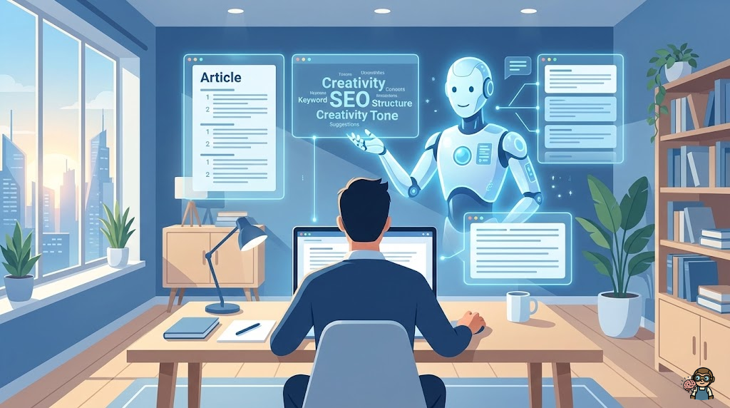 人間とAIが協力して記事を書いているイラスト。AIが構成案を出し、人間が装飾している。