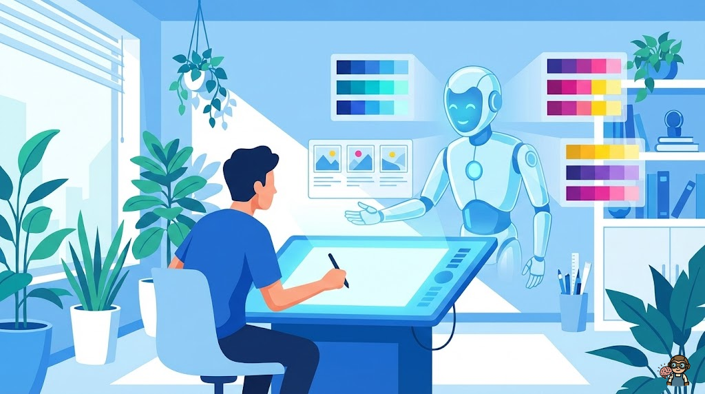 デジタルアーティストのアトリエ。AIが色彩パレットを提案し、人間が創作している様子。