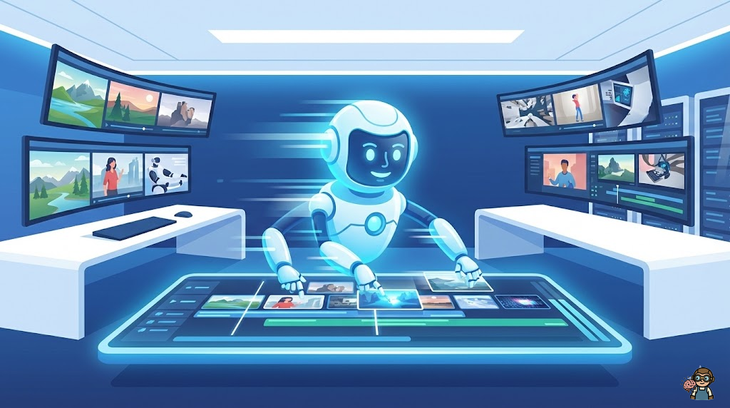 動画編集スタジオでAIマスコットが編集作業を高速化している様子。