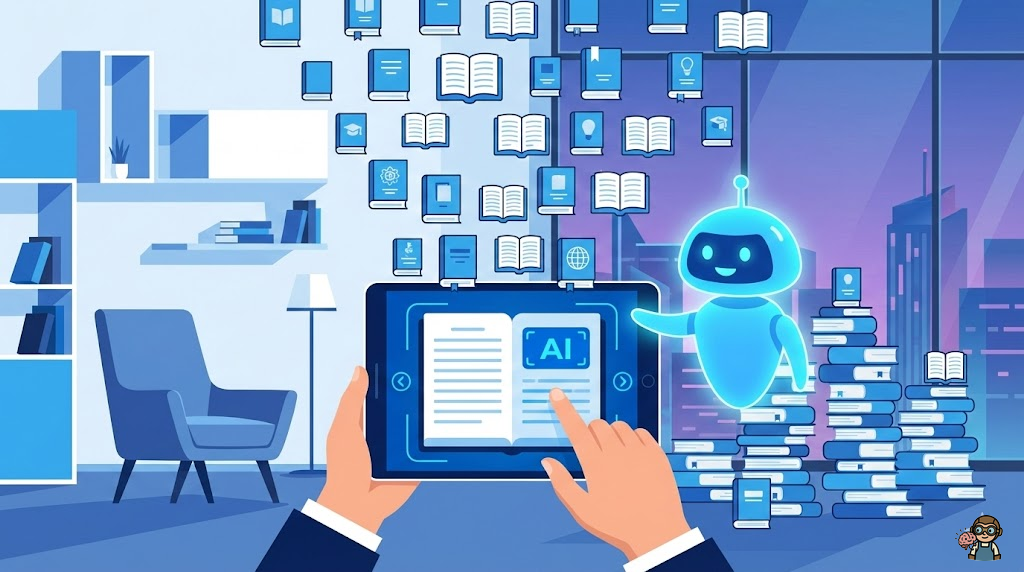 書斎でタブレットを持ち、電子書籍を確認している様子。周囲に本のアイコンが浮かぶ。