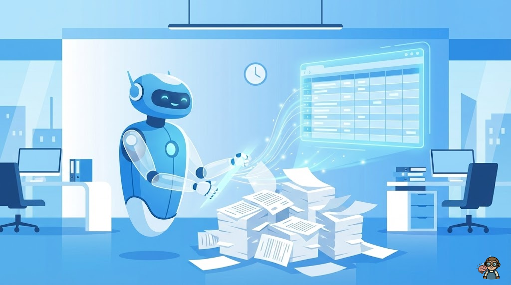 スマートなオフィスでAIロボットが書類整理とデータ入力を高速処理している様子。