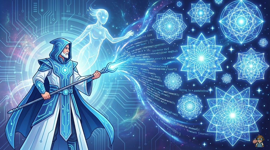 魔法使いの手元から複雑なコード（プロンプト）が幾何学模様となって現れる様子。