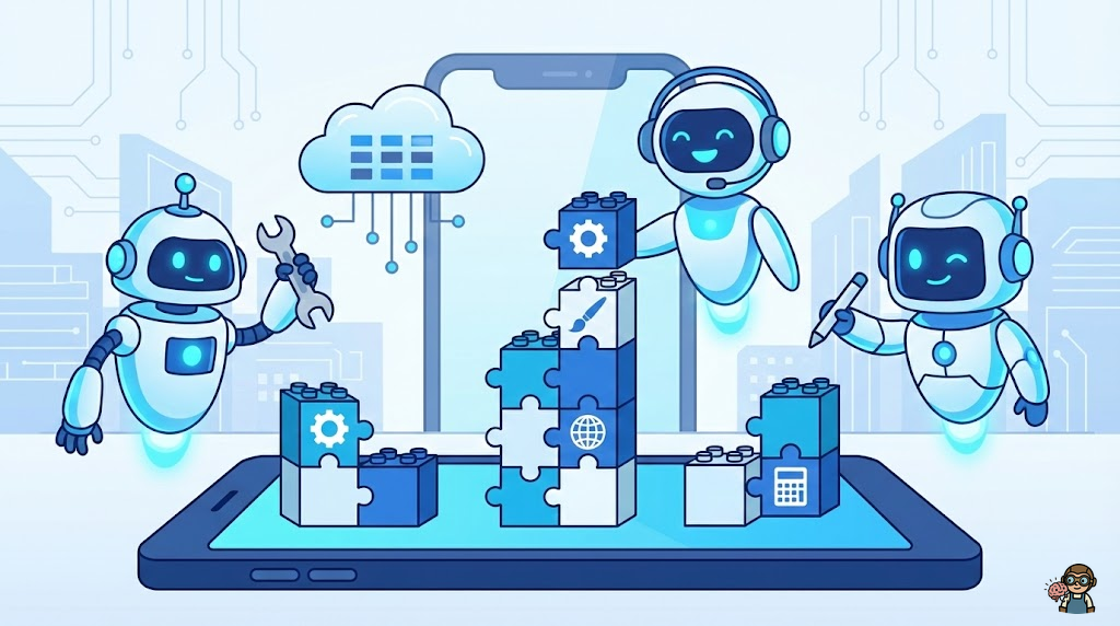 スマホ画面から飛び出すカスタムAIアプリのキャラクターたち。ブロック遊びのように開発している。