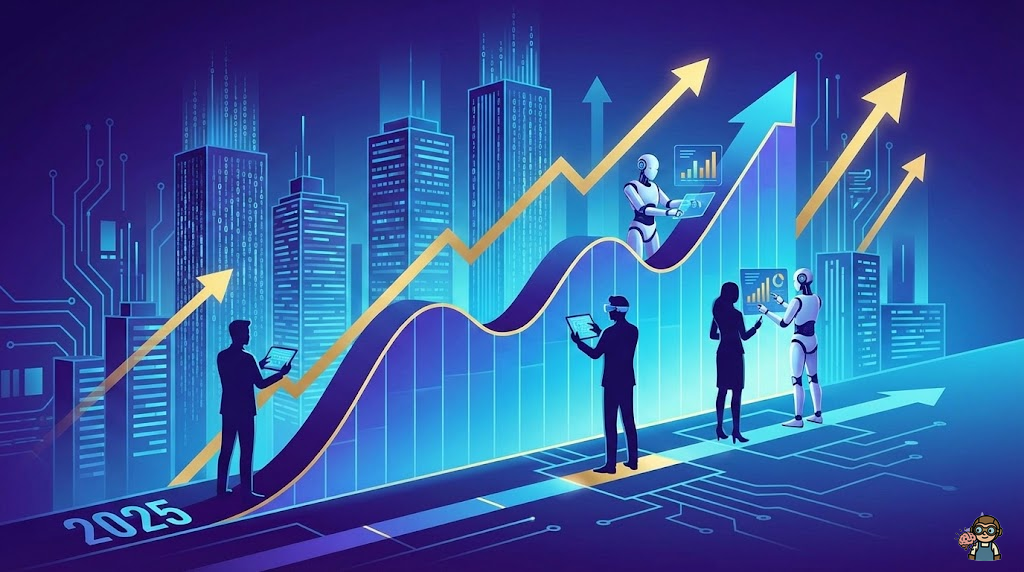 AI副業市場の未来を象徴するアイキャッチイラスト。中央に上昇するグラフと人間のシルエットがAIロボットと協力して働いている姿。背景にデジタルな都市景観と成長を示す矢印。2025年から未来へ向かう時間軸を暗示するデザイン。希望と戦略的思考を表現。 ### スタイル指定 - テイスト: Futuristic tech aesthetic - 品質: high-quality digital illustration - カラー: vibrant indigo and electric blue gradients with golden accent highlights - トーン: optimistic, strategic, forward-looking - サイズ: 1600x900px - テキスト: no text