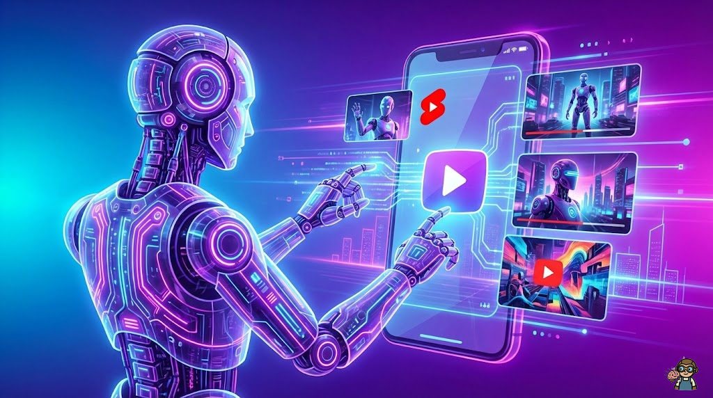 AIが自動的にYouTubeショート動画を生成しているイメージ