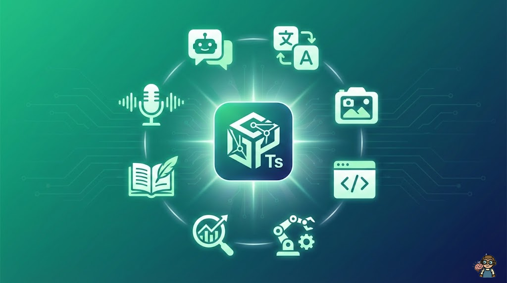 GPTs（カスタムGPT）のアイキャッチ画像。中央に光り輝くAIアプリのアイコンが浮かび、その周囲にカスタムGPTsのさまざまなアイコン（チャットボット、翻訳、画像生成、コード支援など）が環状に配置されている。背景にはOpenAIのグリーンとブルーのグラデーション。「自分だけのAIを作る」というワクワク感を表現。 ### スタイル指定 - テイスト: モダンでテック感のあるフラットデザイン - 品質: high-quality digital illustration - カラー: OpenAIグリーン(#10A37F)とダークブルーのグラデーション - トーン: ワクワク感、未来的、テクノロジー - サイズ: 1600x900px - テキスト: no text