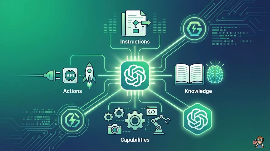 GPTsの仕組みを示す概念図──Instructions、Knowledge、Capabilities、Actionsの4要素