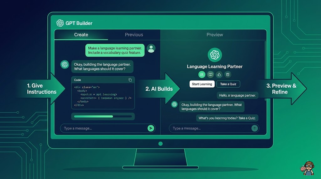 GPT Builderの操作画面イメージ──7ステップの制作フロー