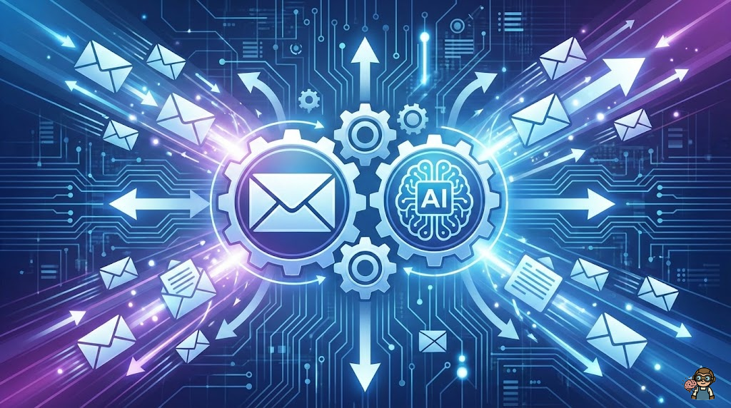 メール自動化のコンセプトイメージ。中央にGmailのアイコンとChatGPTのAIアイコンが歯車で繋がっている。周囲にメールが自動的に処理されて返信される流れを示す矢印と光のエフェクト。背景にGASのコードエディタがぼんやりと浮かんでいる。 ### スタイル指定 - テイスト: Modern tech aesthetic, clean corporate design - 品質: high-quality digital illustration - カラー: blue and purple gradients with white accents - トーン: professional, futuristic, clean - サイズ: 1600x900px - テキスト: no text