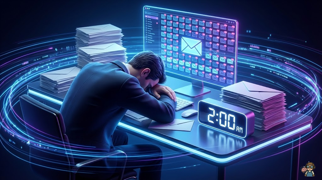 メール処理に追われるビジネスパーソンのイラスト