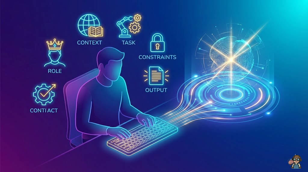 プロンプトエンジニアリングの概念を表すイラスト。人間がキーボードでAIに指示を出し、AIが光り輝く回答を返している様子。人間の周りにはプロンプトの構造要素（役割・文脈・タスク・制約・出力）がアイコンとして浮かんでいる。 ### スタイル指定 - テイスト: Modern tech aesthetic with neon accents - 品質: high-quality digital illustration - カラー: deep blue and purple gradients with cyan and gold highlights - トーン: professional, innovative, and approachable - サイズ: 1600x900px - テキスト: no text